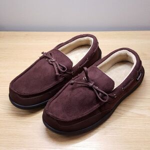 ISOTONER Slippers Mens Size 8 9 Brown Slip On Plush Lined Gel Memory Foam